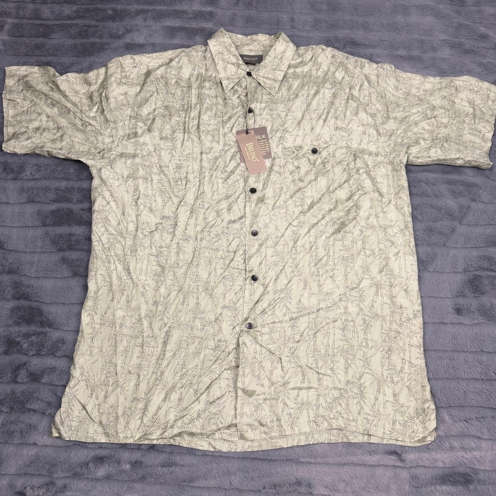 Bruno Mens Silk Short Sleeve Button Down Shirt Sage Green Bamboo Print Large